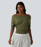 Off-shoulder Short Sleeve Ruched Casual Top — Olive Branch — view 3