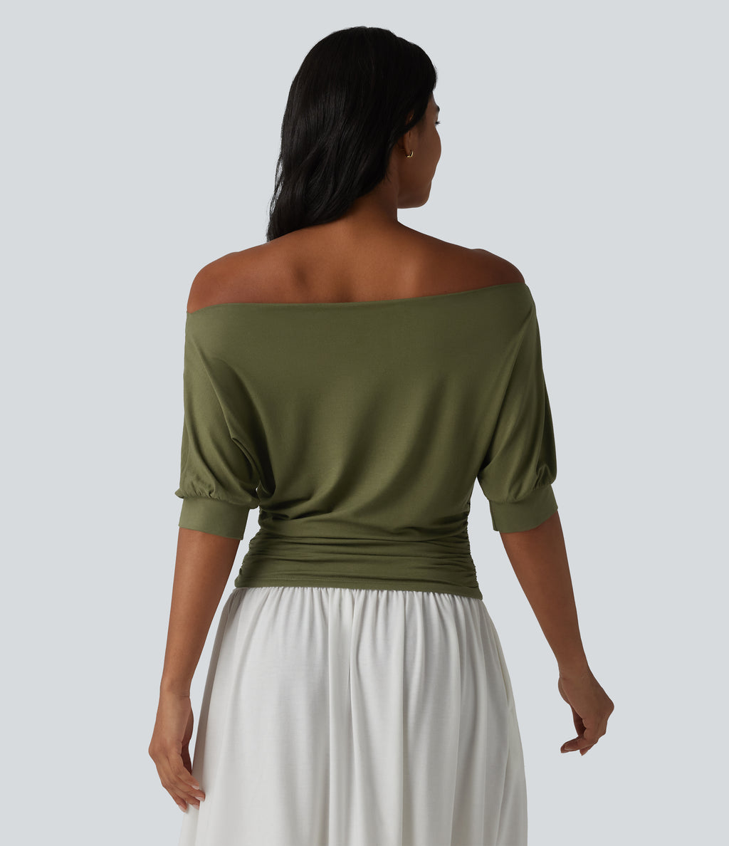 Off-shoulder Short Sleeve Ruched Casual Top — Olive Branch — view 2