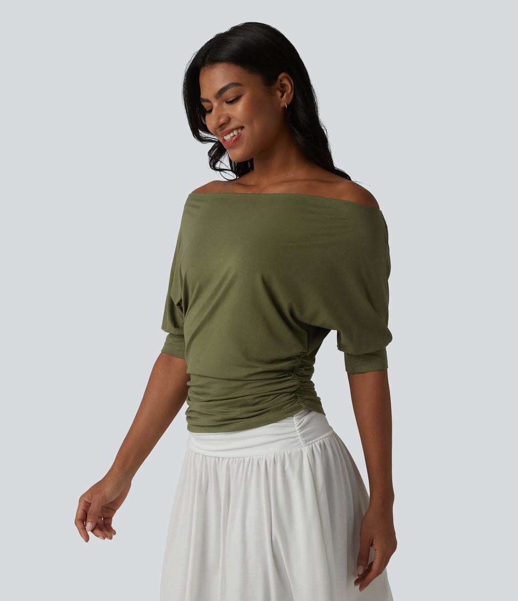 Off-shoulder Short Sleeve Ruched Casual Top — Olive Branch — view 4