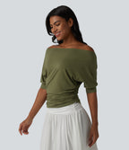 Off-shoulder Short Sleeve Ruched Casual Top — Olive Branch — view 4