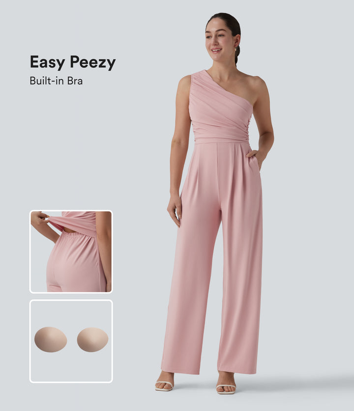 One-shoulder Sleeveless Ruched Built-in Bra Casual Jumpsuit with Pockets — Dirty Pink — view 1