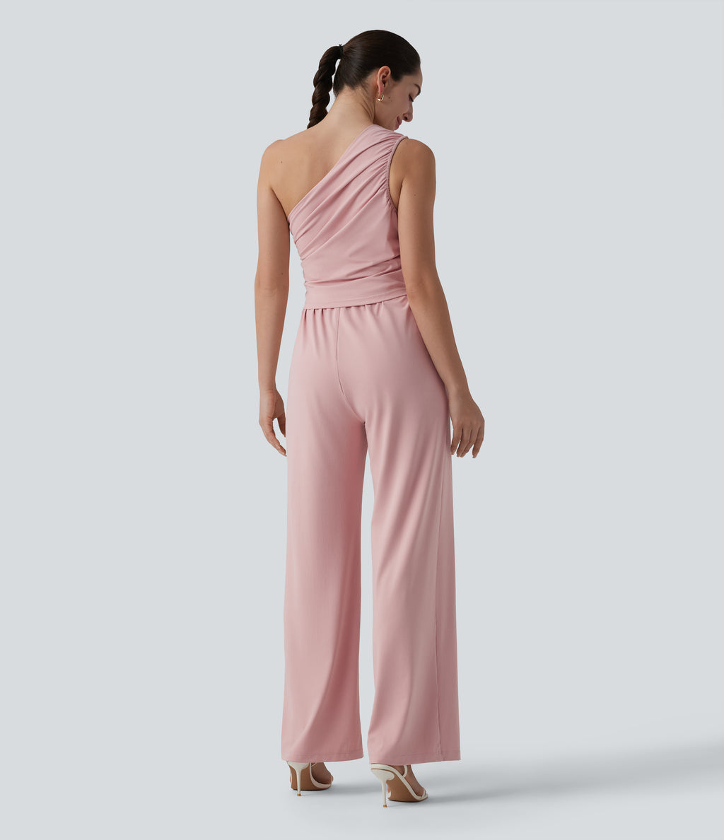 One-shoulder Sleeveless Ruched Built-in Bra Casual Jumpsuit with Pockets — Dirty Pink — view 2