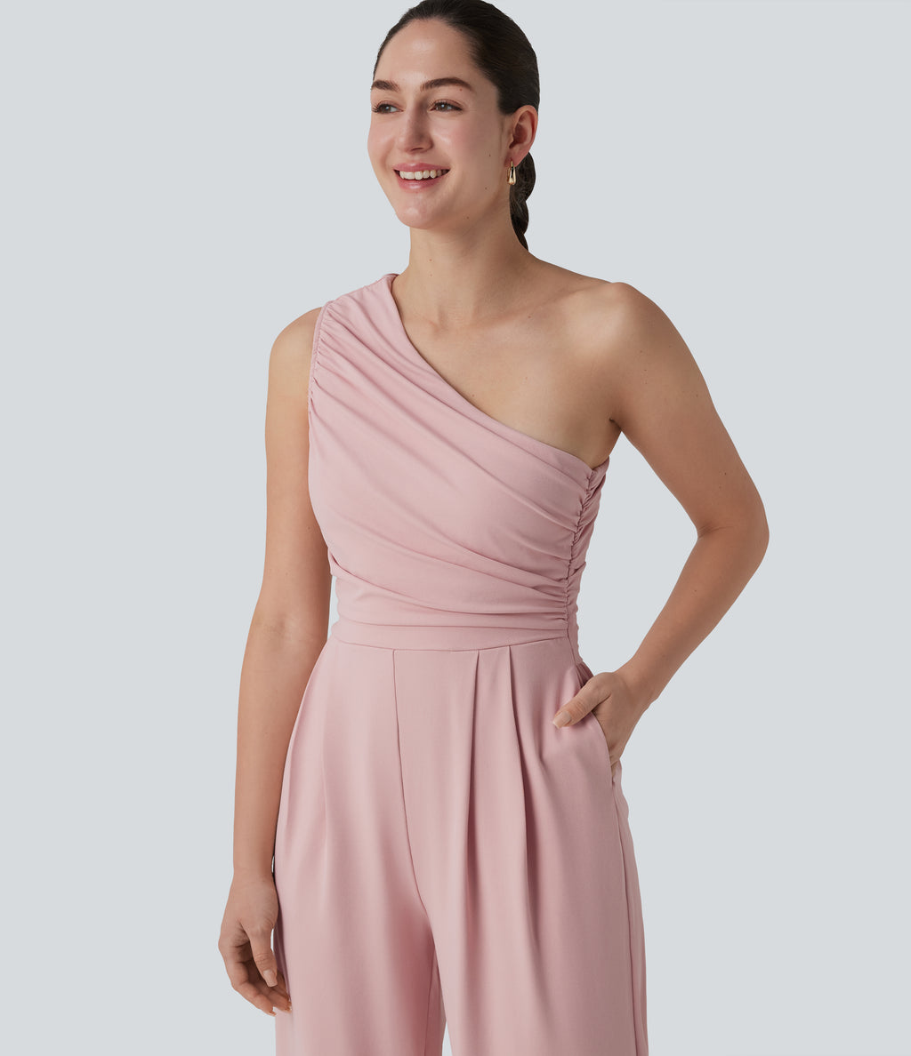 One-shoulder Sleeveless Ruched Built-in Bra Casual Jumpsuit with Pockets — Dirty Pink — view 5