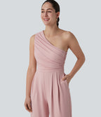 One-shoulder Sleeveless Ruched Built-in Bra Casual Jumpsuit with Pockets — Dirty Pink — view 5