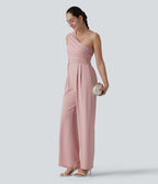One-shoulder Sleeveless Ruched Built-in Bra Casual Jumpsuit with Pockets — Dirty Pink — view 6