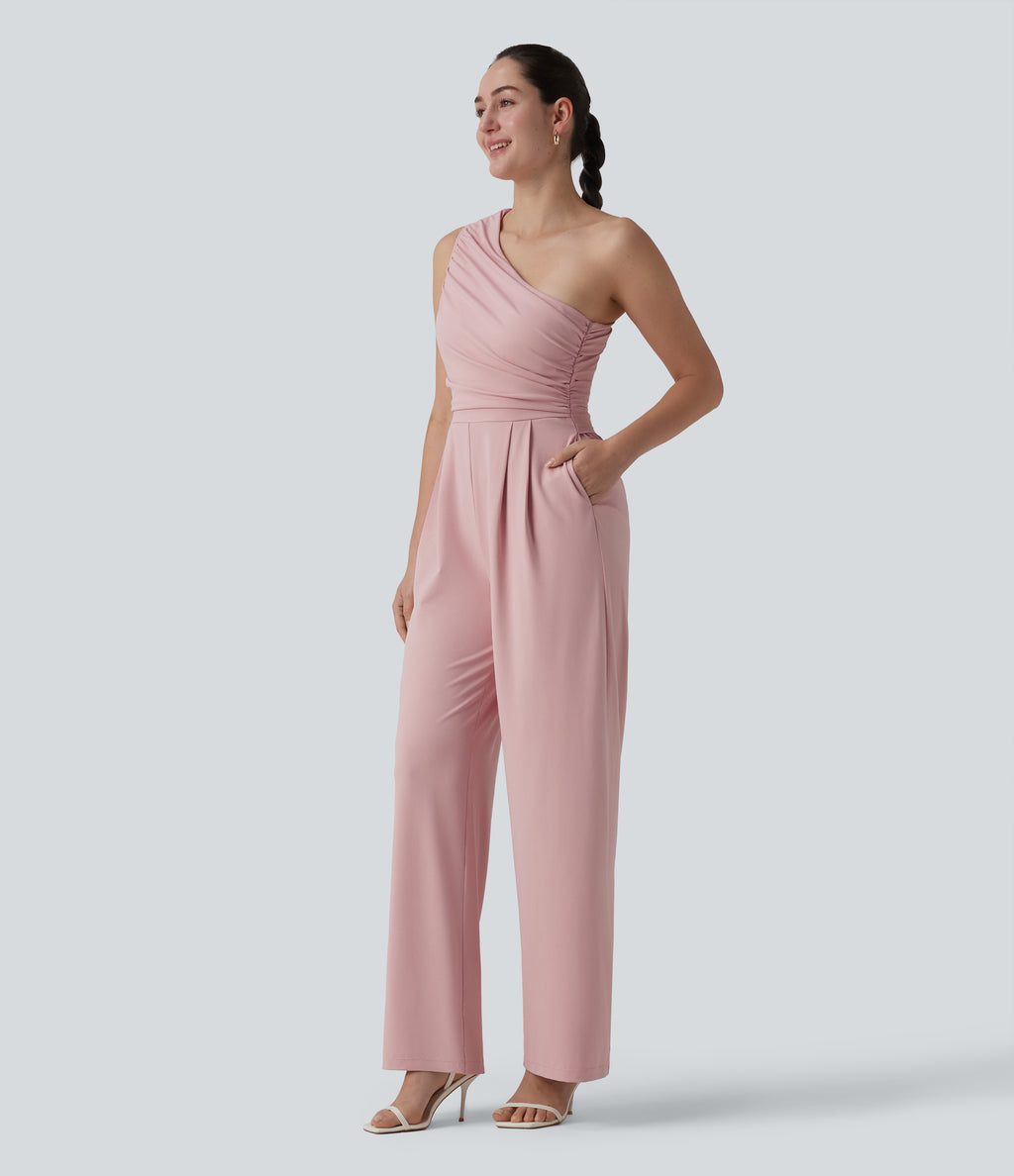One-shoulder Sleeveless Ruched Built-in Bra Casual Jumpsuit with Pockets — Dirty Pink — view 3