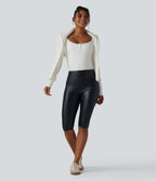 High Waisted Tummy Control Stretchy PU Casual Pedal Pushers Leggings with Pockets — Ink Night Blue — view 6