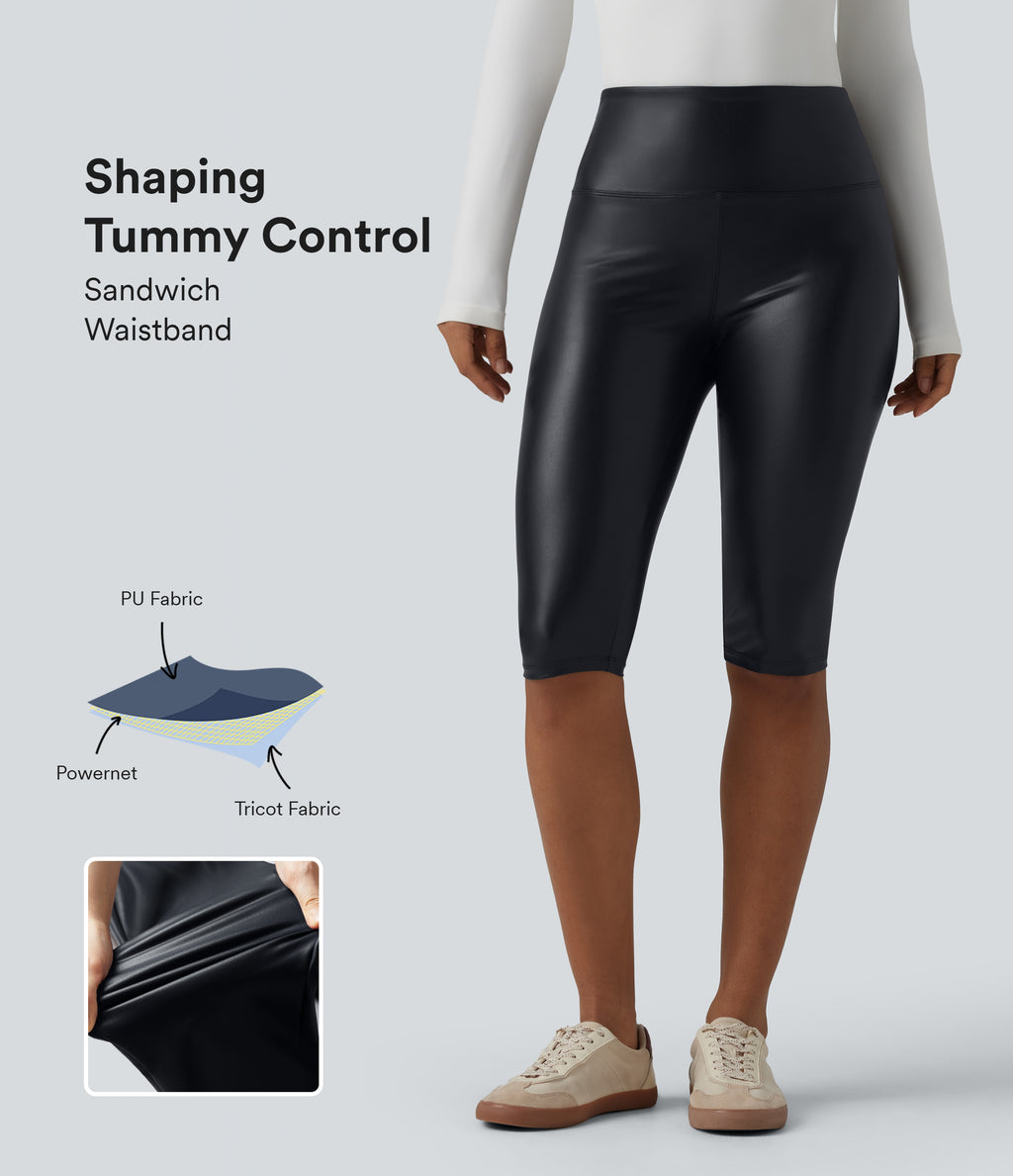 High Waisted Tummy Control Stretchy PU Casual Pedal Pushers Leggings with Pockets — Ink Night Blue — view 1