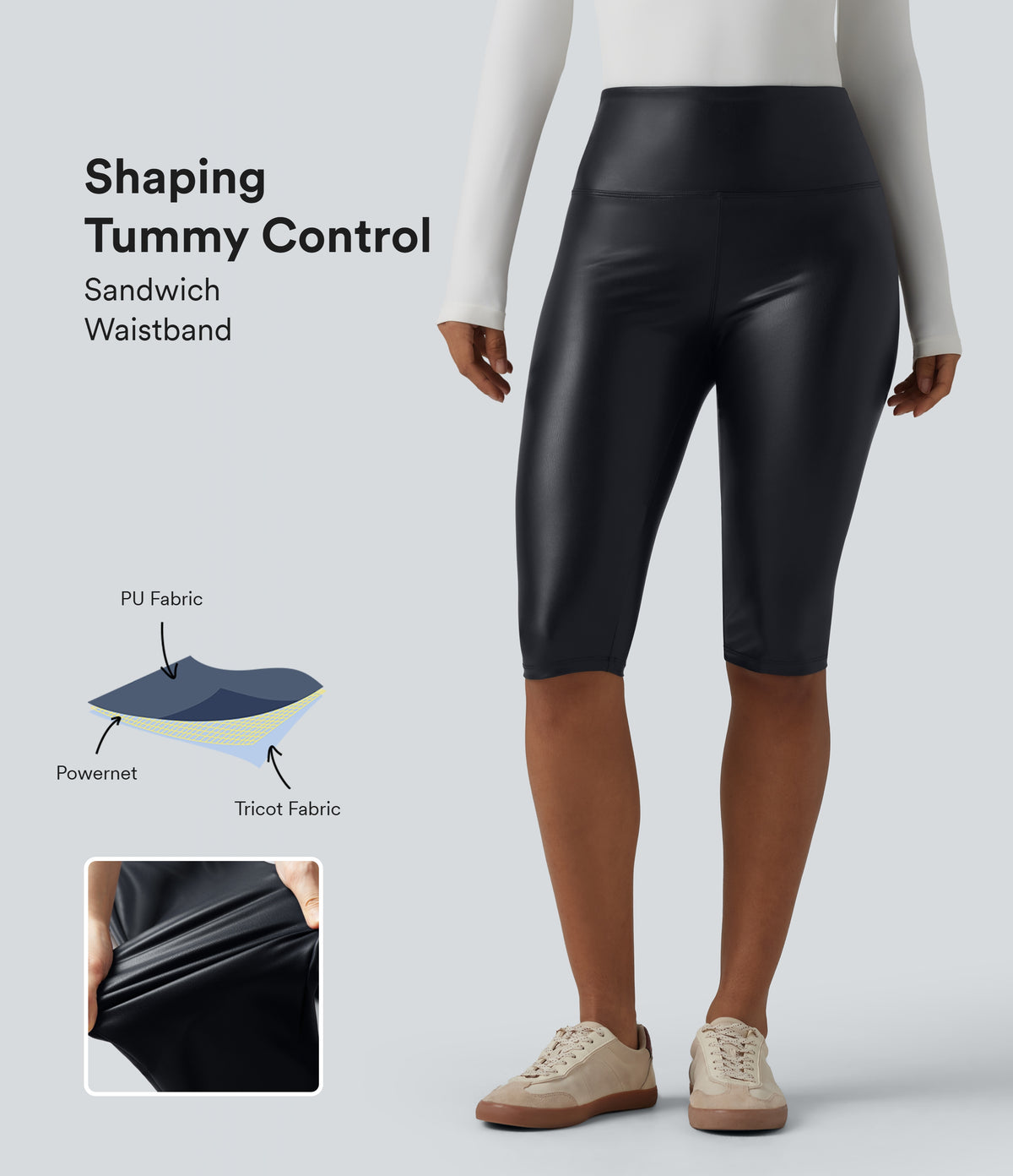 High Waisted Tummy Control Stretchy PU Casual Pedal Pushers Leggings with Pockets — Ink Night Blue — view 1