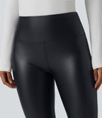 High Waisted Tummy Control Stretchy PU Casual Pedal Pushers Leggings with Pockets — Ink Night Blue — view 4