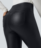 High Waisted Tummy Control Stretchy PU Casual Pedal Pushers Leggings with Pockets — Ink Night Blue — view 5