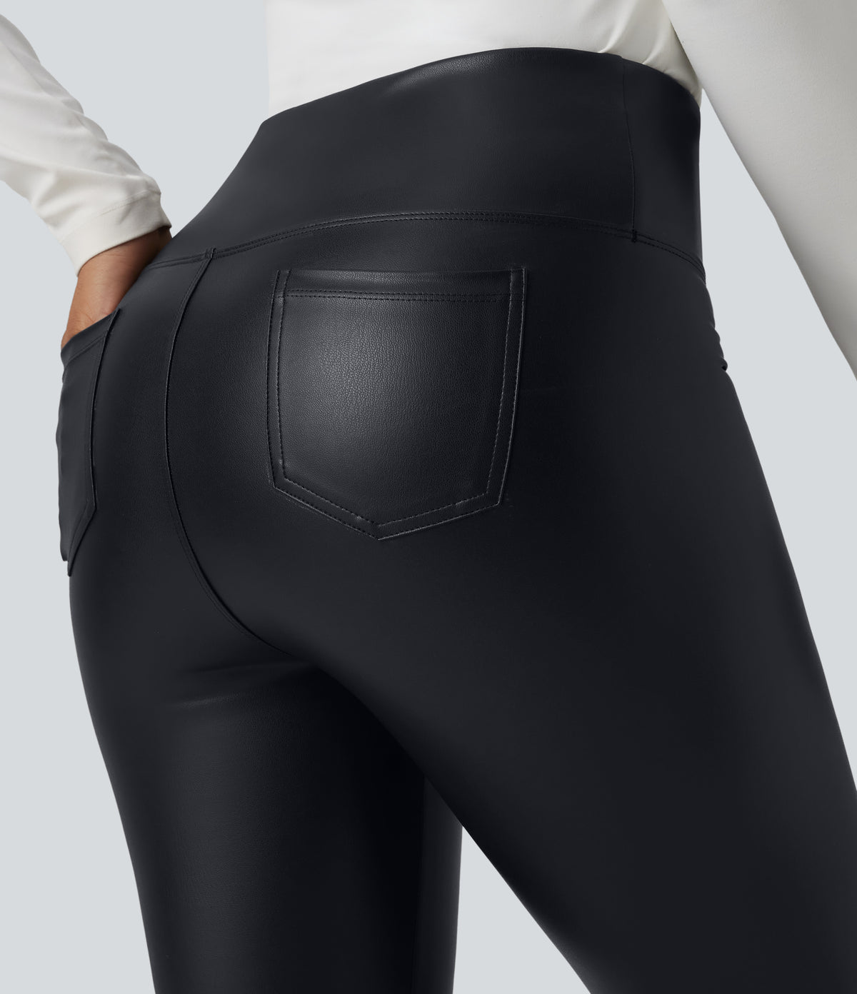 High Waisted Tummy Control Stretchy PU Casual Pedal Pushers Leggings with Pockets — Ink Night Blue — view 5
