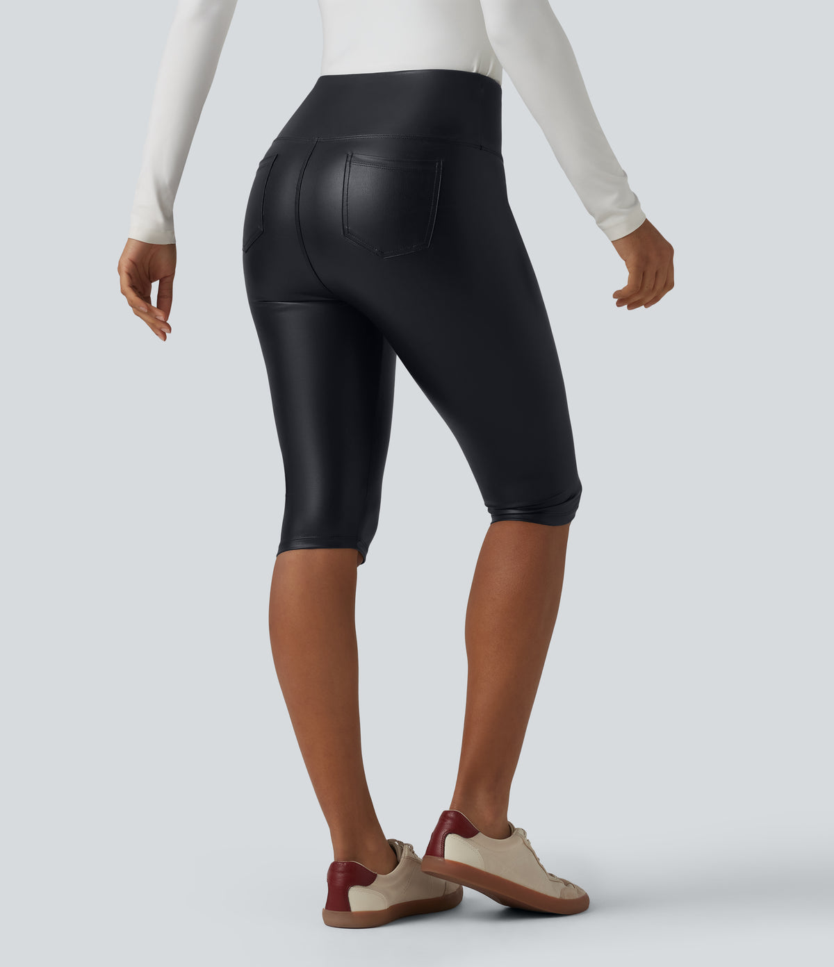 High Waisted Tummy Control Stretchy PU Casual Pedal Pushers Leggings with Pockets — Ink Night Blue — view 2