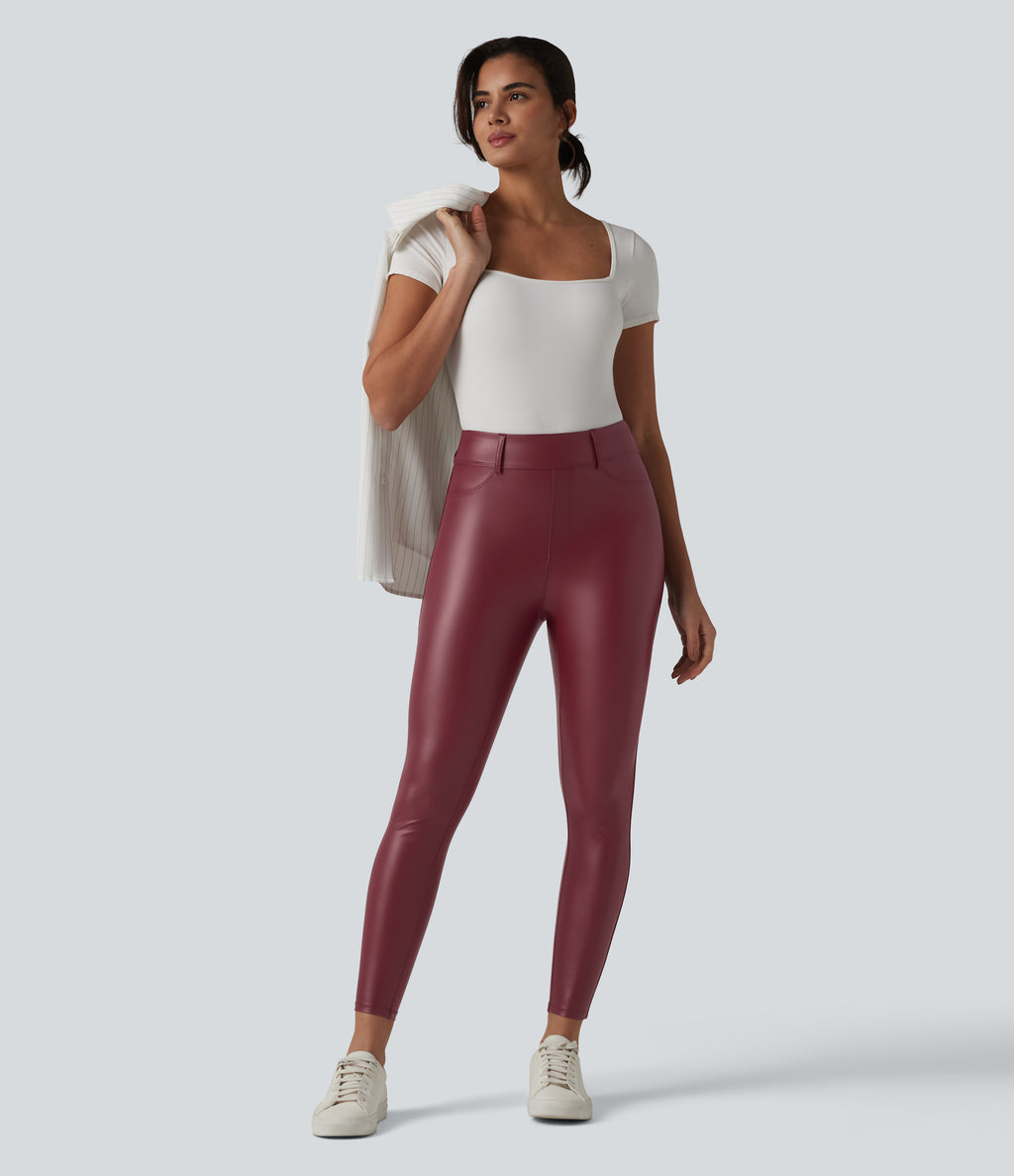 High Waisted Stretchy PU Casual 7/8 Leggings with Pockets — Berrywood Red — view 6