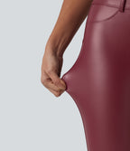 High Waisted Stretchy PU Casual 7/8 Leggings with Pockets — Berrywood Red — view 7