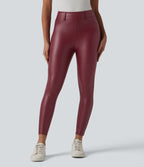 High Waisted Stretchy PU Casual 7/8 Leggings with Pockets — Berrywood Red — view 2