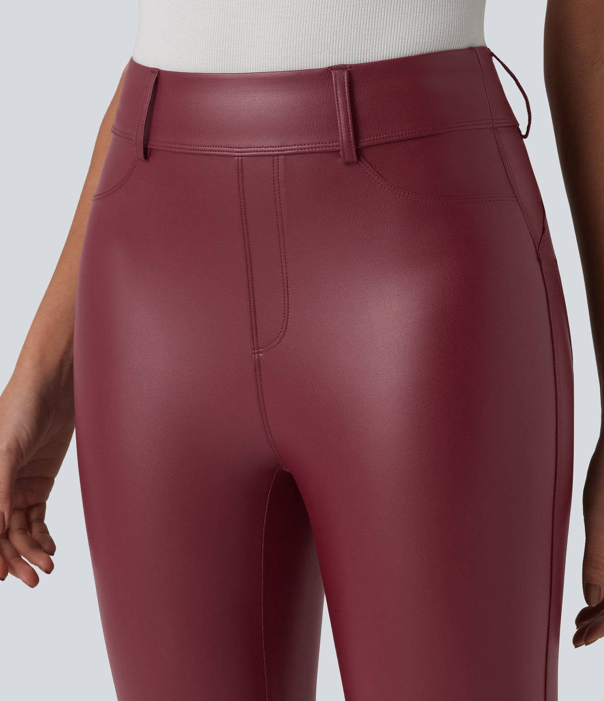 High Waisted Stretchy PU Casual 7/8 Leggings with Pockets — Berrywood Red — view 5