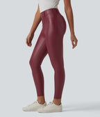 High Waisted Stretchy PU Casual 7/8 Leggings with Pockets — Berrywood Red — view 3