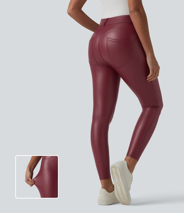 High Waisted Stretchy PU Casual 7/8 Leggings with Pockets — Berrywood Red — view 1