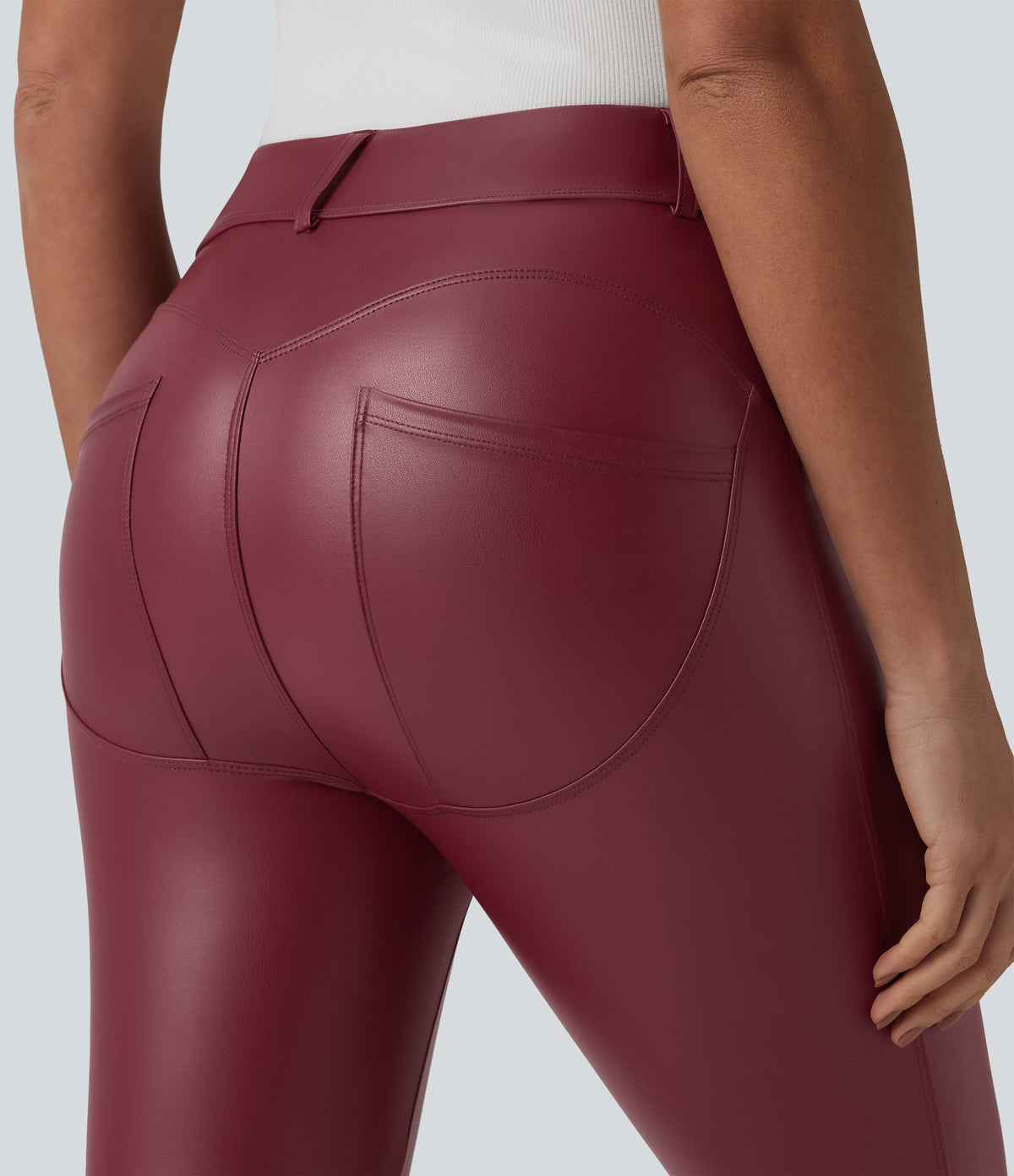 High Waisted Stretchy PU Casual 7/8 Leggings with Pockets — Berrywood Red — view 4