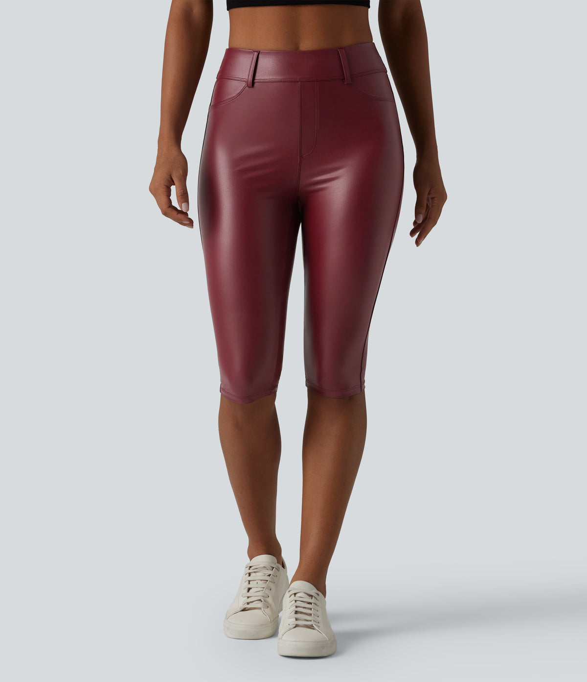 High Waisted Stretchy PU Casual Pedal Pushers Leggings with Pockets — Berrywood Red — view 2