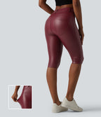 High Waisted Stretchy PU Casual Pedal Pushers Leggings with Pockets — Berrywood Red — view 1