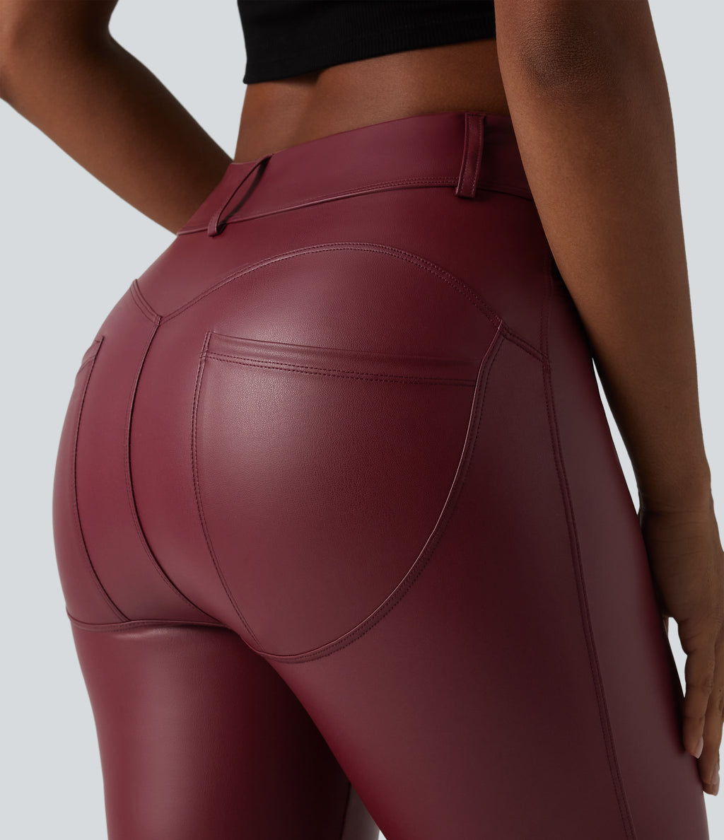 High Waisted Stretchy PU Casual Pedal Pushers Leggings with Pockets — Berrywood Red — view 4