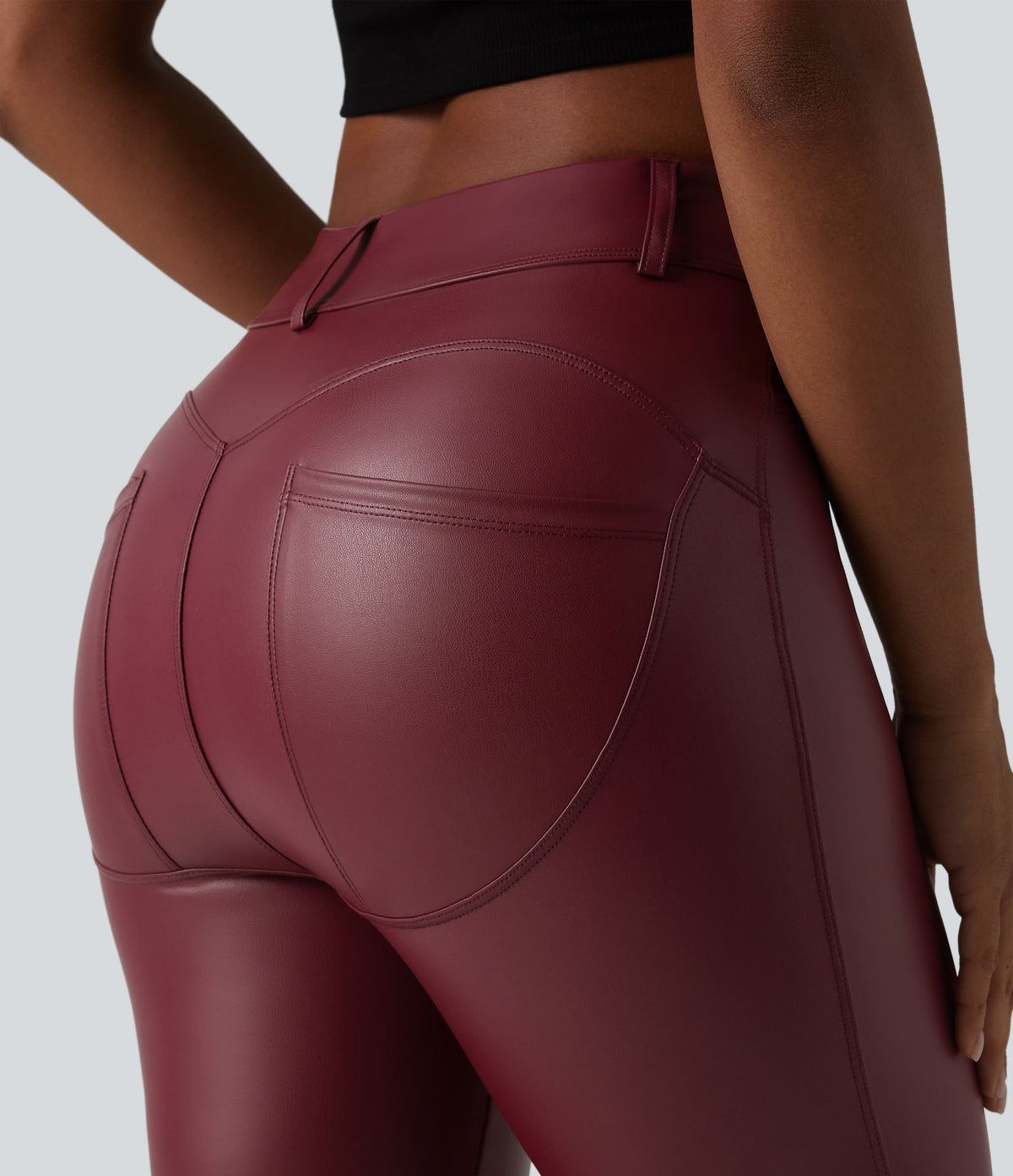 High Waisted Stretchy PU Casual Pedal Pushers Leggings with Pockets — Berrywood Red — view 4
