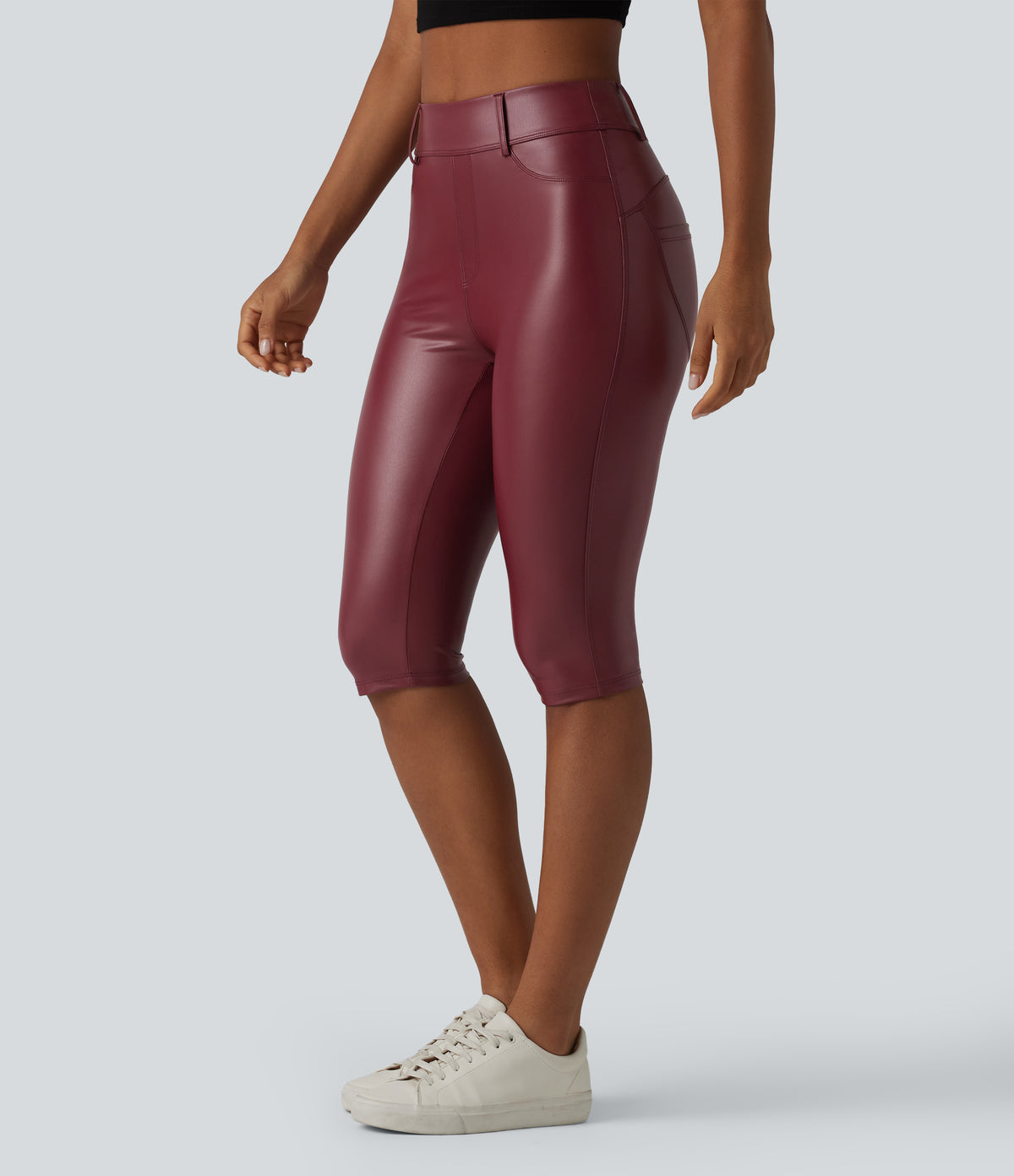 High Waisted Stretchy PU Casual Pedal Pushers Leggings with Pockets — Berrywood Red — view 3