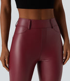 High Waisted Stretchy PU Casual Pedal Pushers Leggings with Pockets — Berrywood Red — view 5