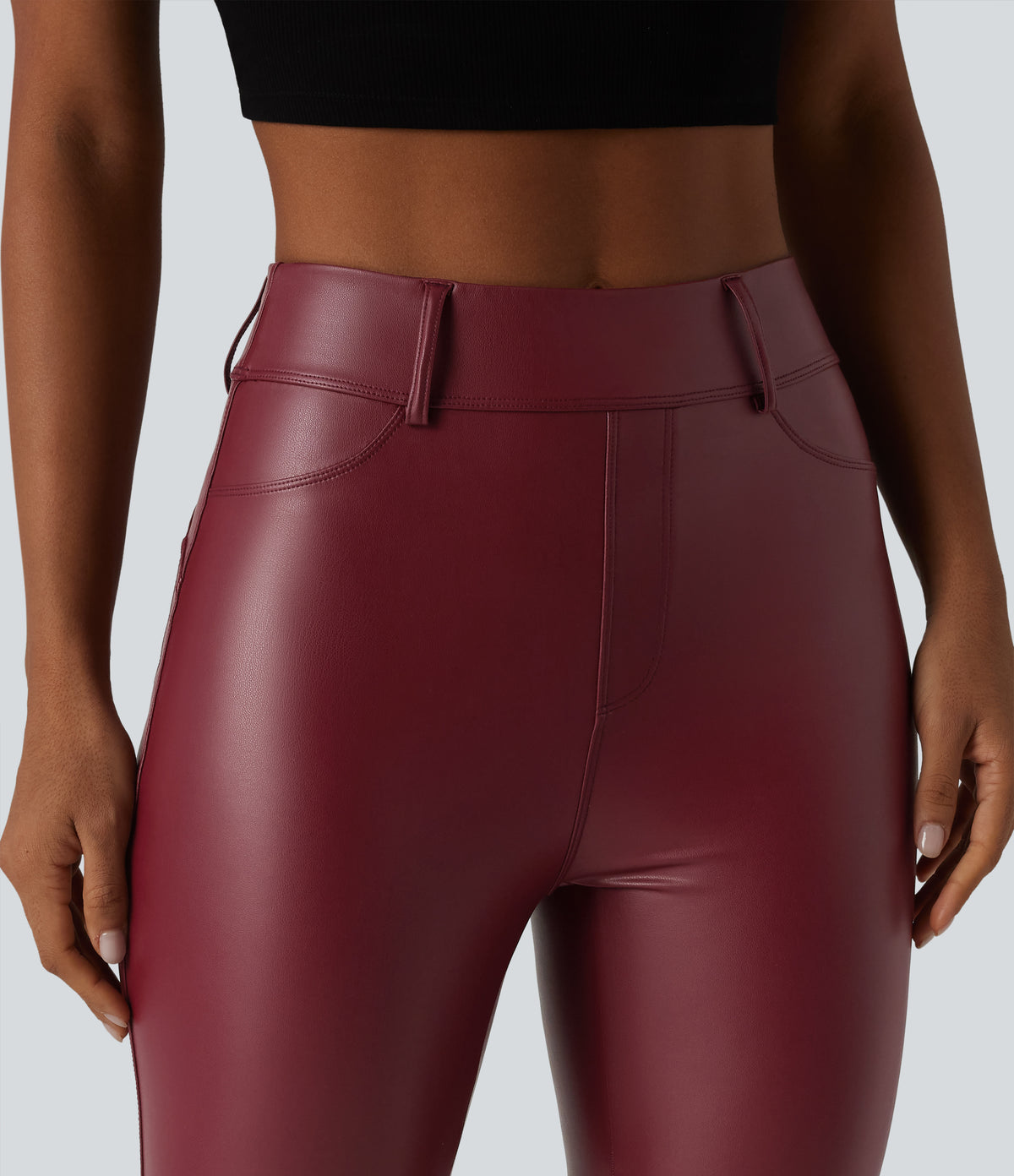 High Waisted Stretchy PU Casual Pedal Pushers Leggings with Pockets — Berrywood Red — view 5