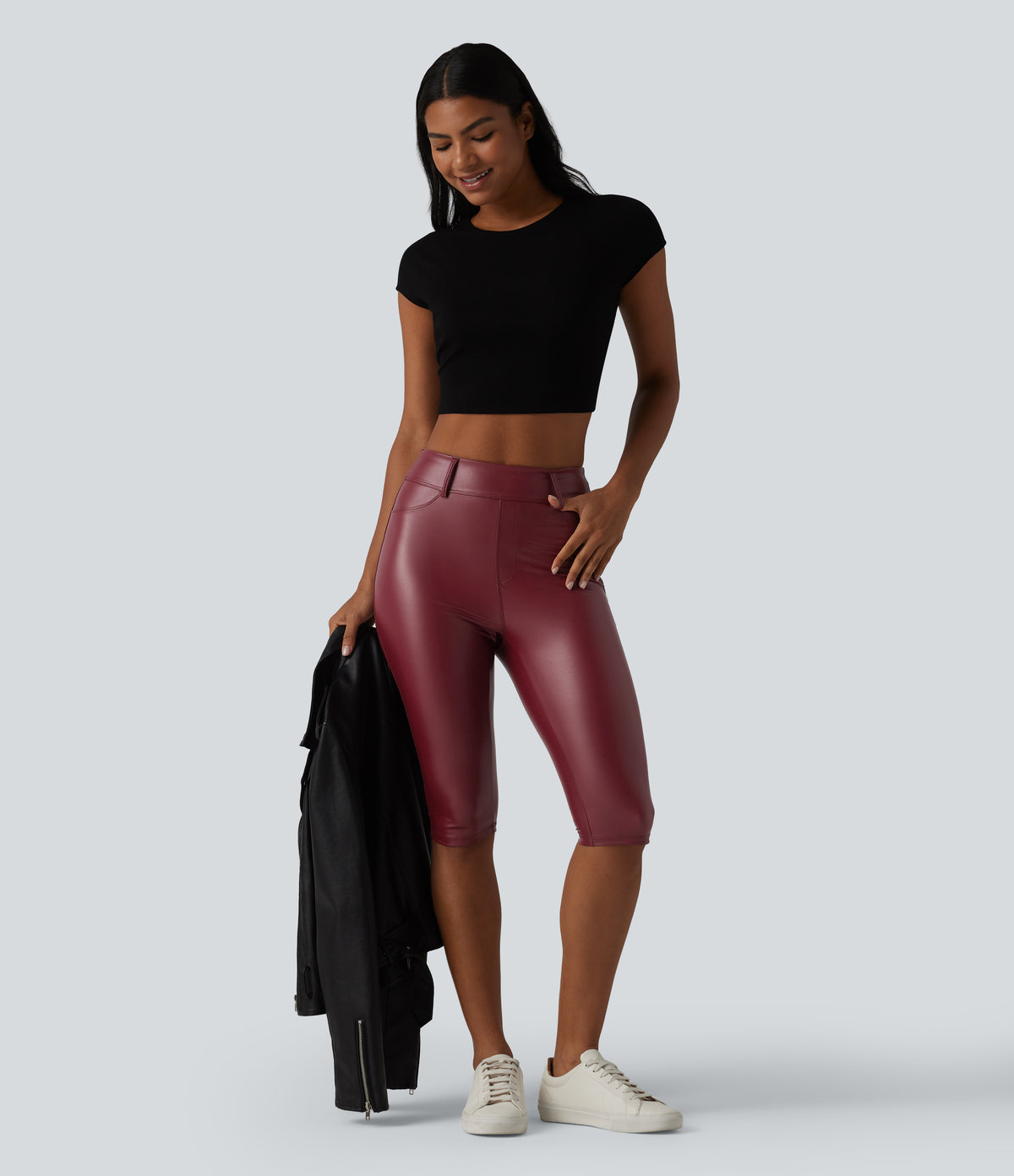 High Waisted Stretchy PU Casual Pedal Pushers Leggings with Pockets — Berrywood Red — view 6