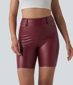 High Waisted Stretchy PU Casual Biker Shorts 7'' with Pockets — Berrywood Red — view 3