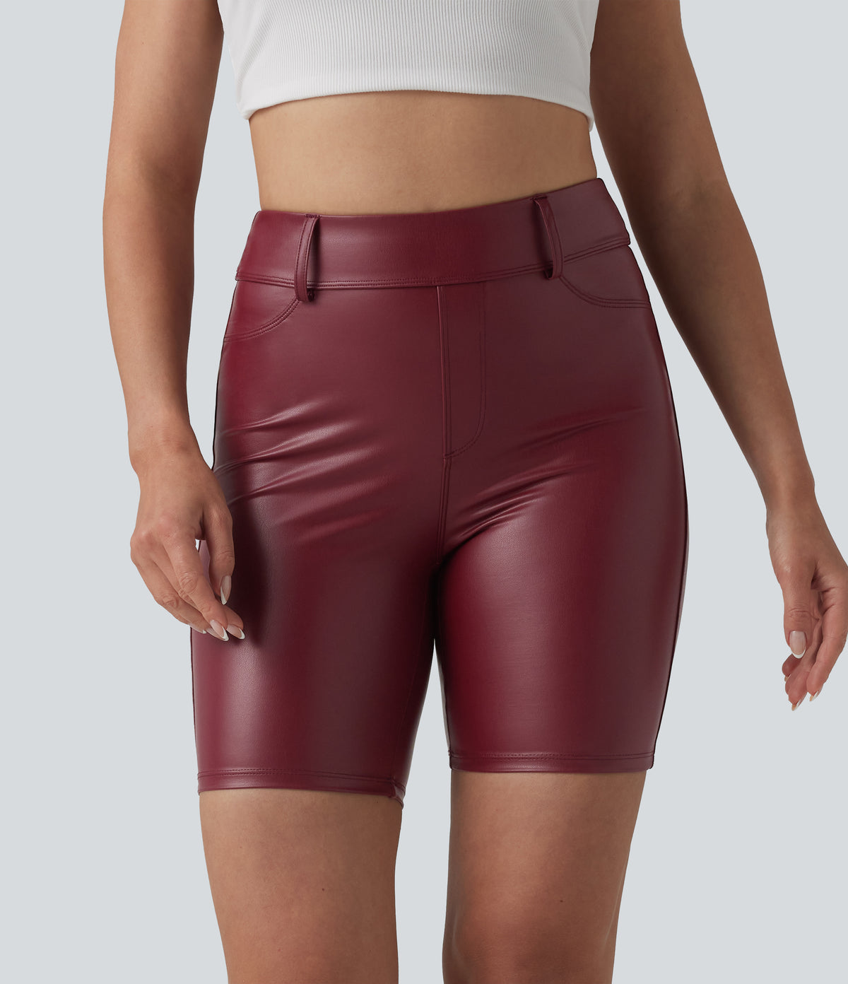 High Waisted Stretchy PU Casual Biker Shorts 7'' with Pockets — Berrywood Red — view 3
