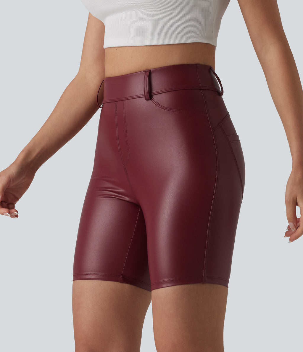 High Waisted Stretchy PU Casual Biker Shorts 7'' with Pockets — Berrywood Red — view 4