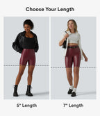High Waisted Stretchy PU Casual Biker Shorts 7'' with Pockets — Berrywood Red — view 2