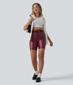 High Waisted Stretchy PU Casual Biker Shorts 7'' with Pockets — Berrywood Red — view 7