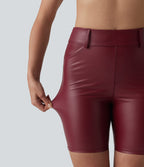 High Waisted Stretchy PU Casual Biker Shorts 7'' with Pockets — Berrywood Red — view 8
