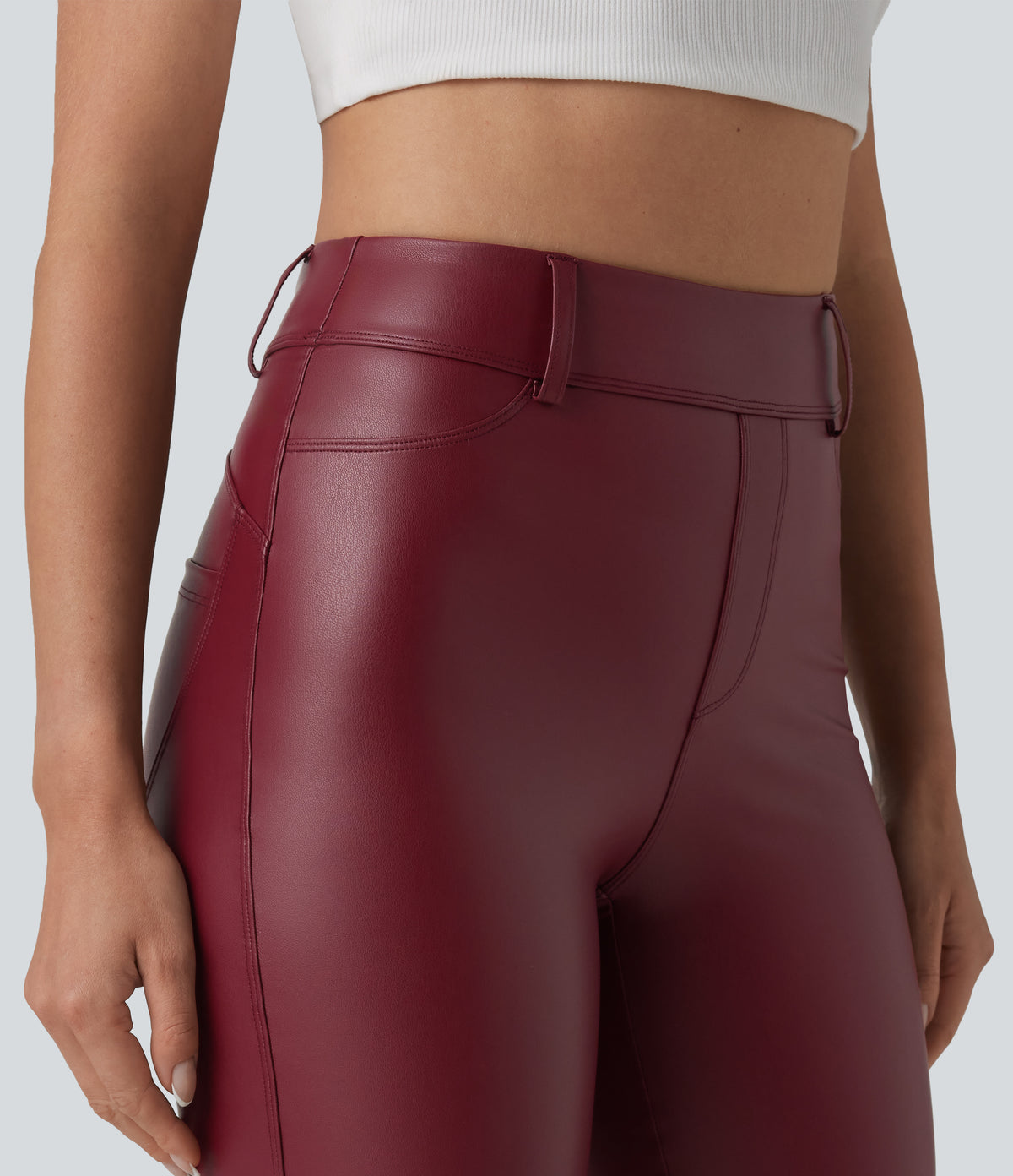 High Waisted Stretchy PU Casual Biker Shorts 7'' with Pockets — Berrywood Red — view 6