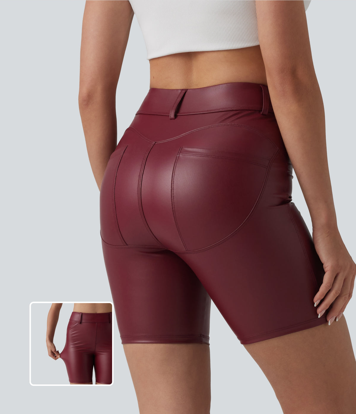 High Waisted Stretchy PU Casual Biker Shorts 7'' with Pockets — Berrywood Red — view 1