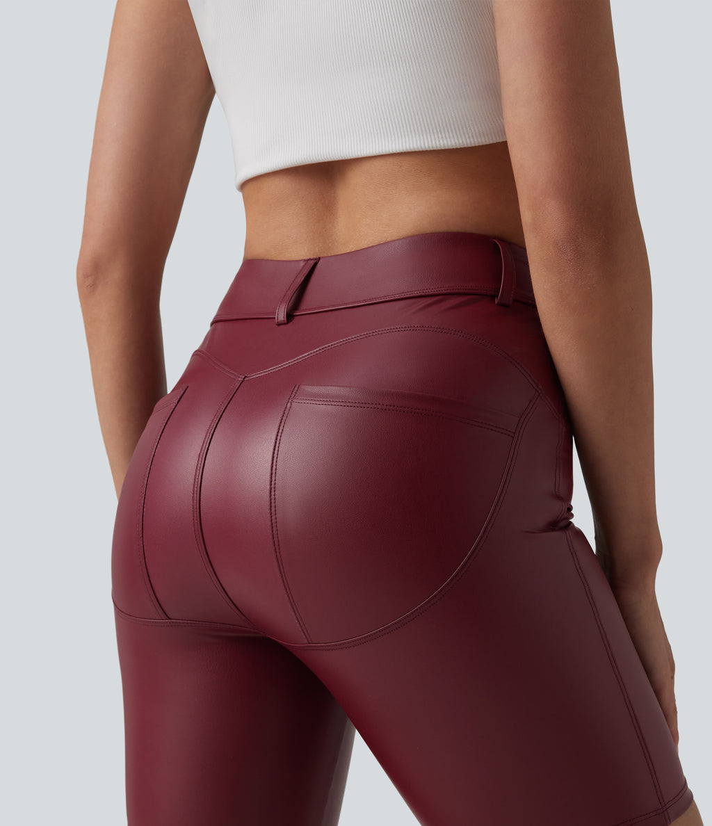 High Waisted Stretchy PU Casual Biker Shorts 7'' with Pockets — Berrywood Red — view 5