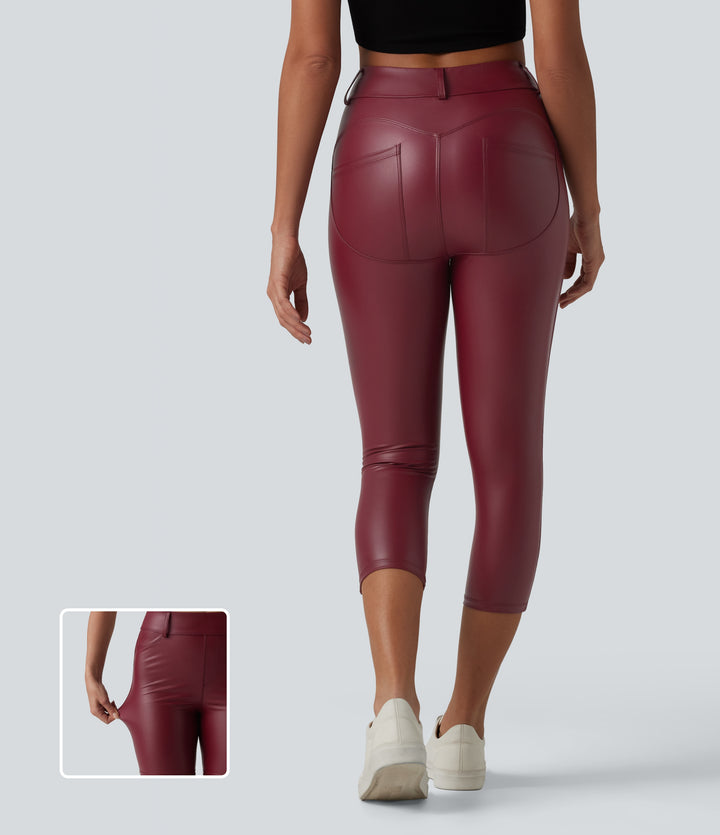 High Waisted Stretchy PU Casual Capri Leggings with Pockets — Berrywood Red — view 1