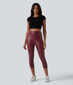 High Waisted Stretchy PU Casual Capri Leggings with Pockets — Berrywood Red — view 6