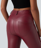 High Waisted Stretchy PU Casual Capri Leggings with Pockets — Berrywood Red — view 4