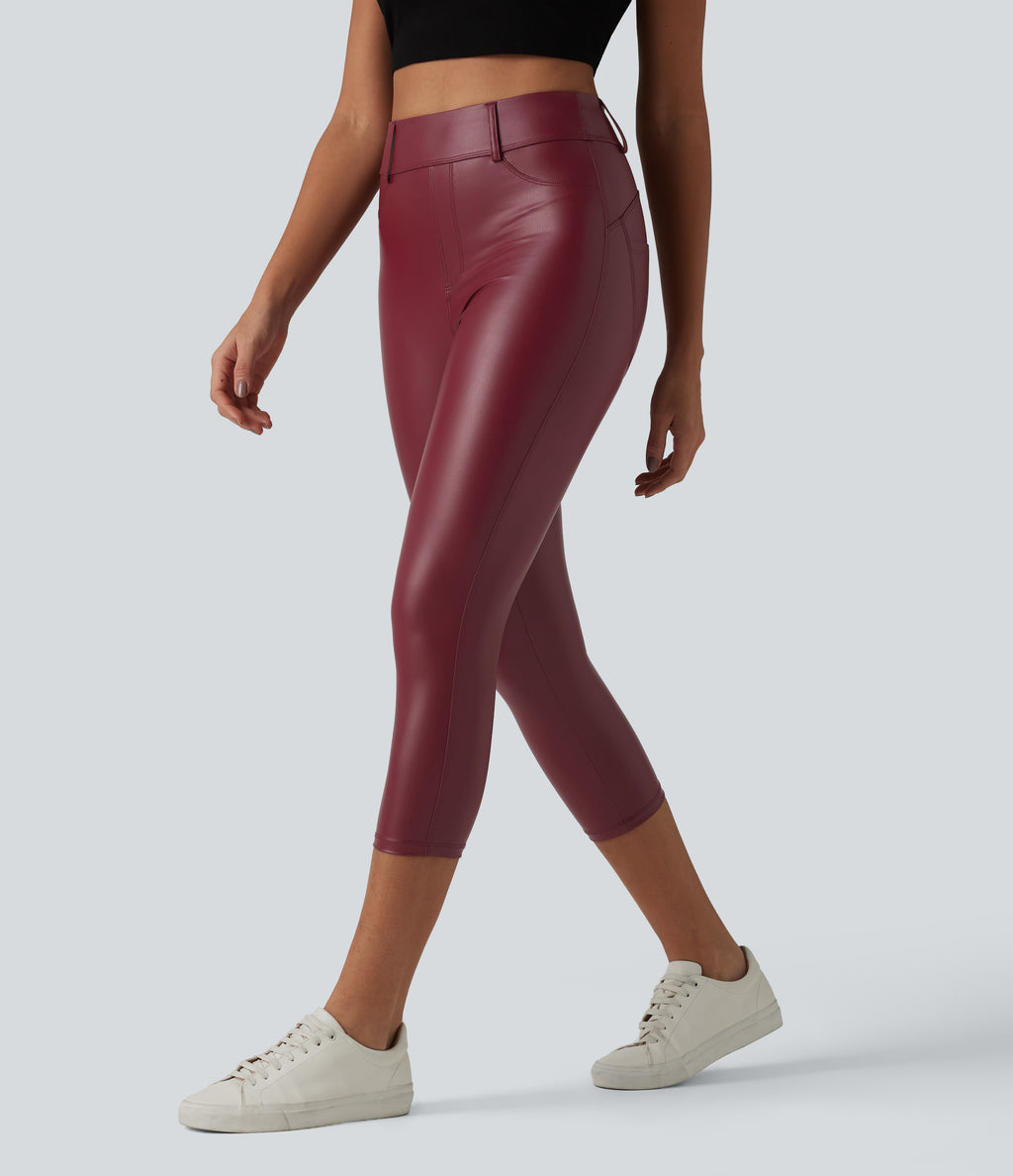 High Waisted Stretchy PU Casual Capri Leggings with Pockets — Berrywood Red — view 3