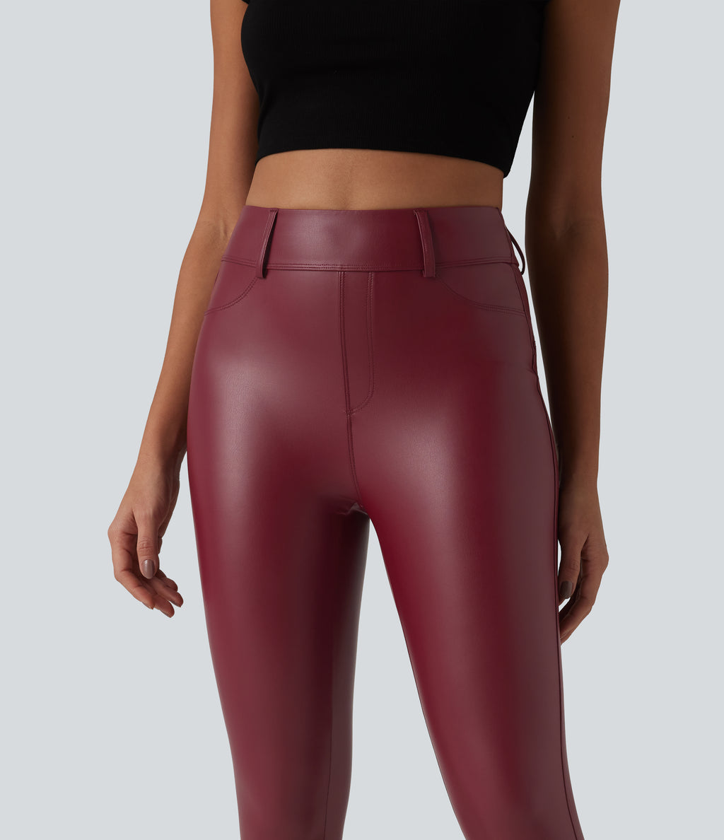 High Waisted Stretchy PU Casual Capri Leggings with Pockets — Berrywood Red — view 5