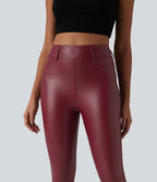 High Waisted Stretchy PU Casual Capri Leggings with Pockets — Berrywood Red — view 5