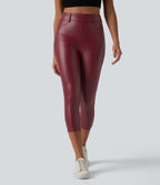High Waisted Stretchy PU Casual Capri Leggings with Pockets — Berrywood Red — view 2