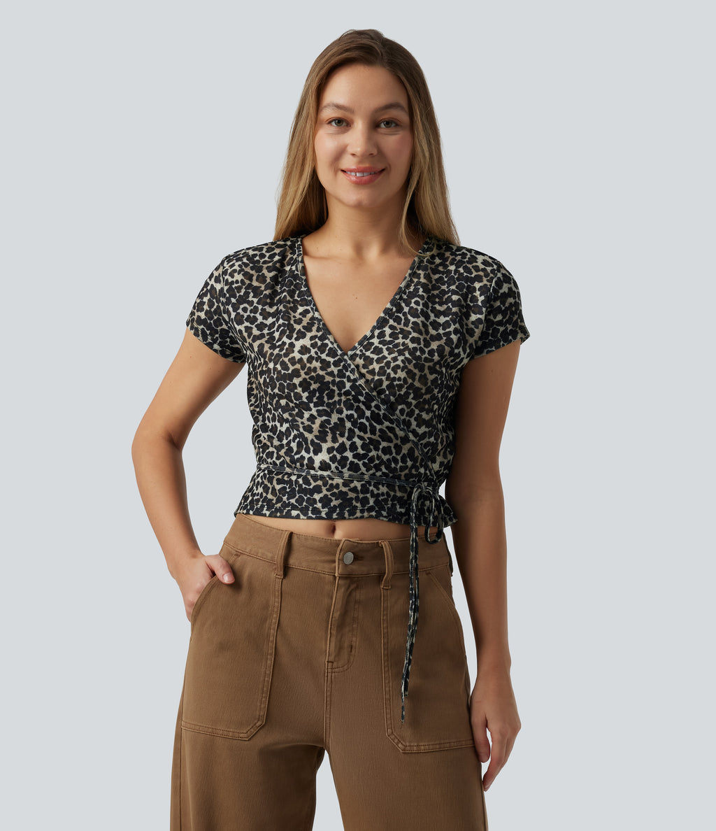 Deep V-neck Short Sleeve Wrap Tie Leopard Print Casual T-Shirt — Cloud Yellow Leopard — view 4