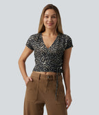 Deep V-neck Short Sleeve Wrap Tie Leopard Print Casual T-Shirt — Cloud Yellow Leopard — view 4